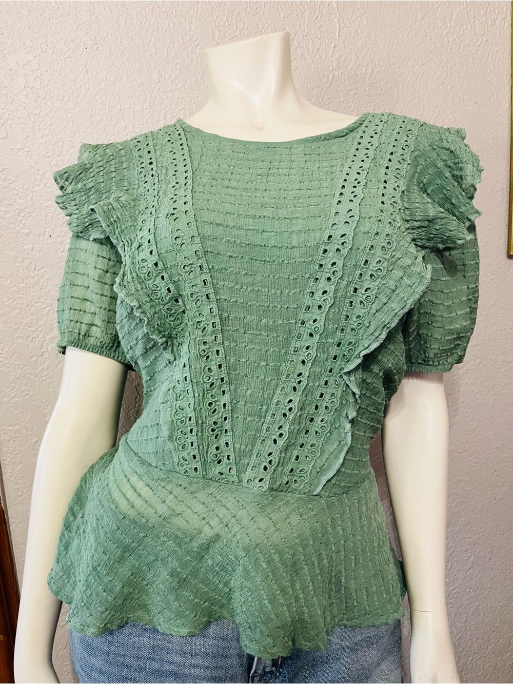 Alice Blue Mint Green Ruffle Eyelet Peplum Top